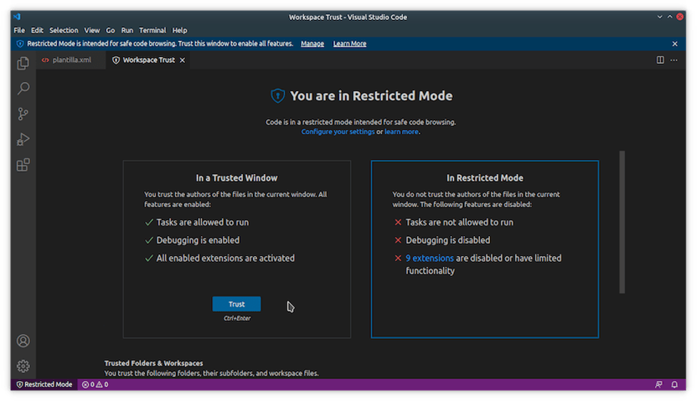 Popup window with that allows the user to exit restriced mode and choose to work in a trusted window